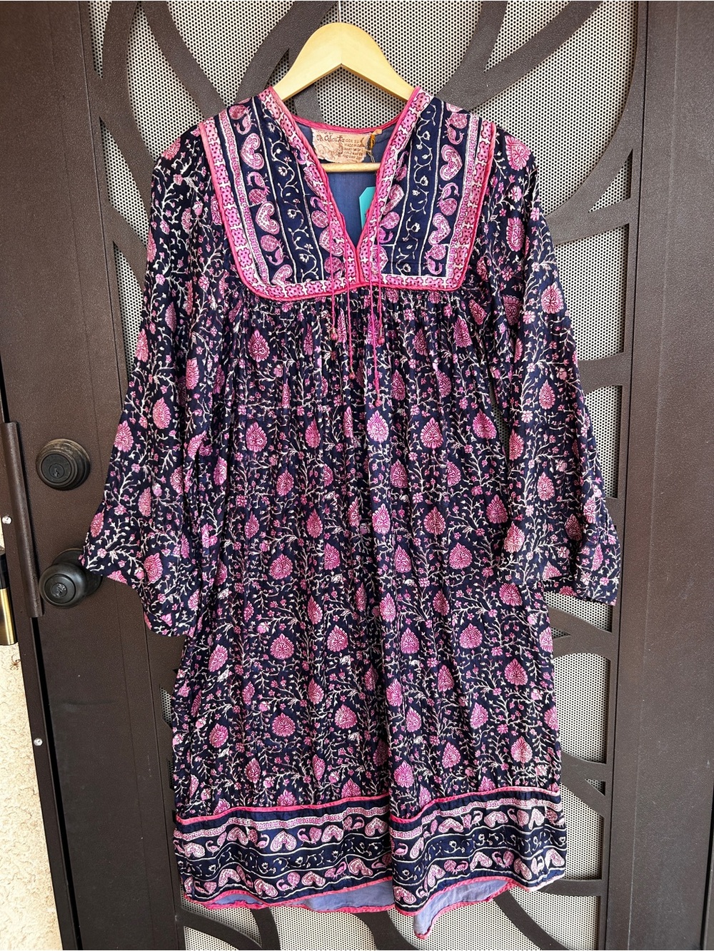 Vintage Silk India Navy and Pink Floral-Paisley Hippie Dress